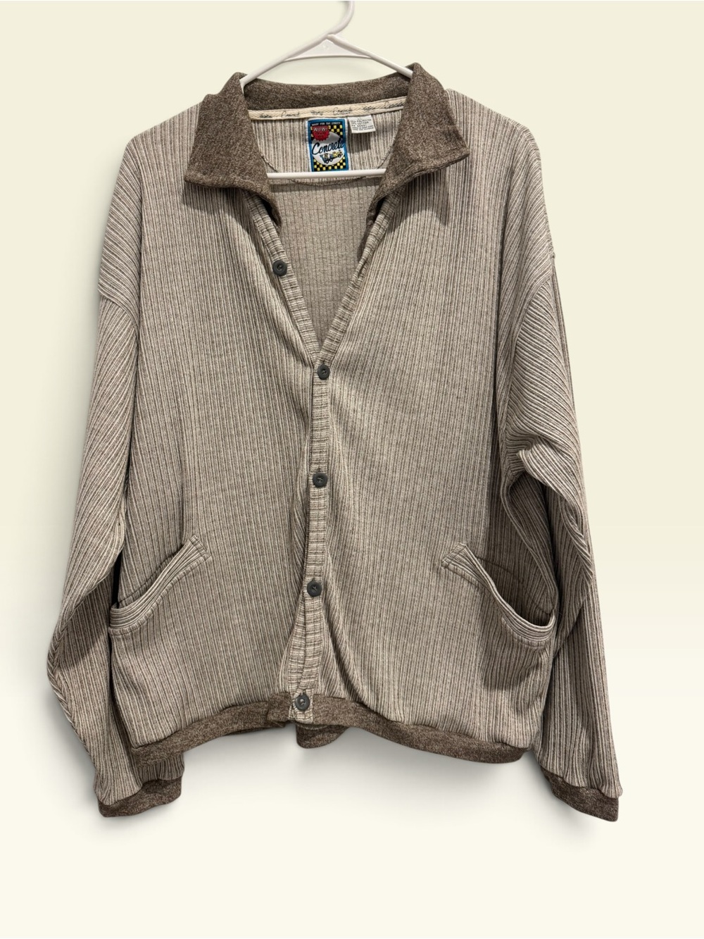 Men’s Vintage 80’s-90’s Concrete Striped Ribbed Cardigan Sweater Earth Tone
